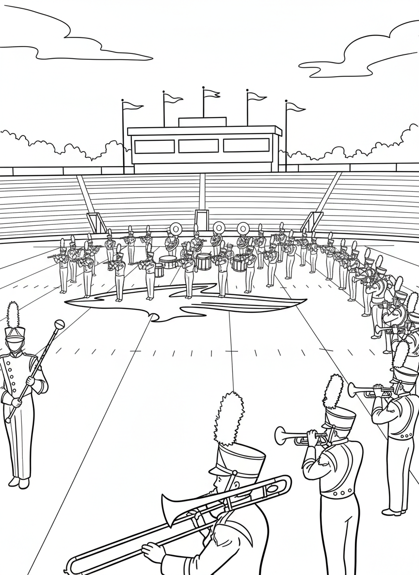 A marching band performing on the field during halftime show, with musicians playing instruments in formation, simple details.