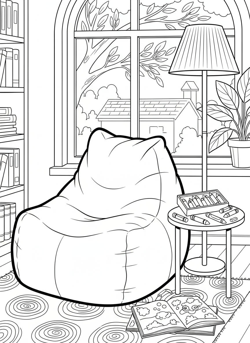 A cozy corner with a bean bag chair, floor lamp, and a small side table with crayons and coloring books