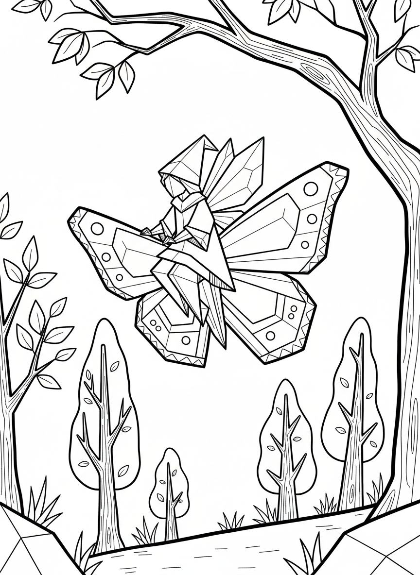 An origami fairy riding on the back of a paper-folded butterfly, soaring through a simple forest scene with trees