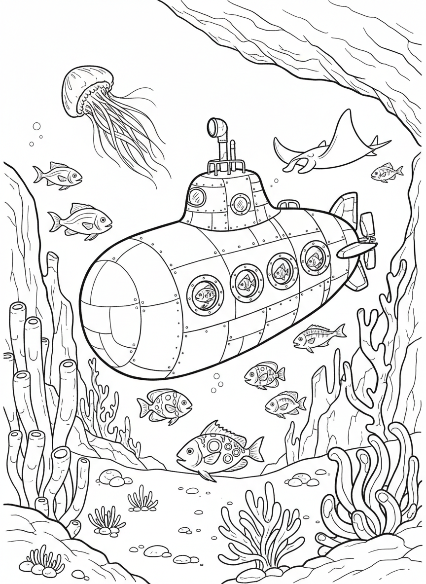 A submarine exploring the deep sea with portholes, surrounded by curious fish and marine creatures