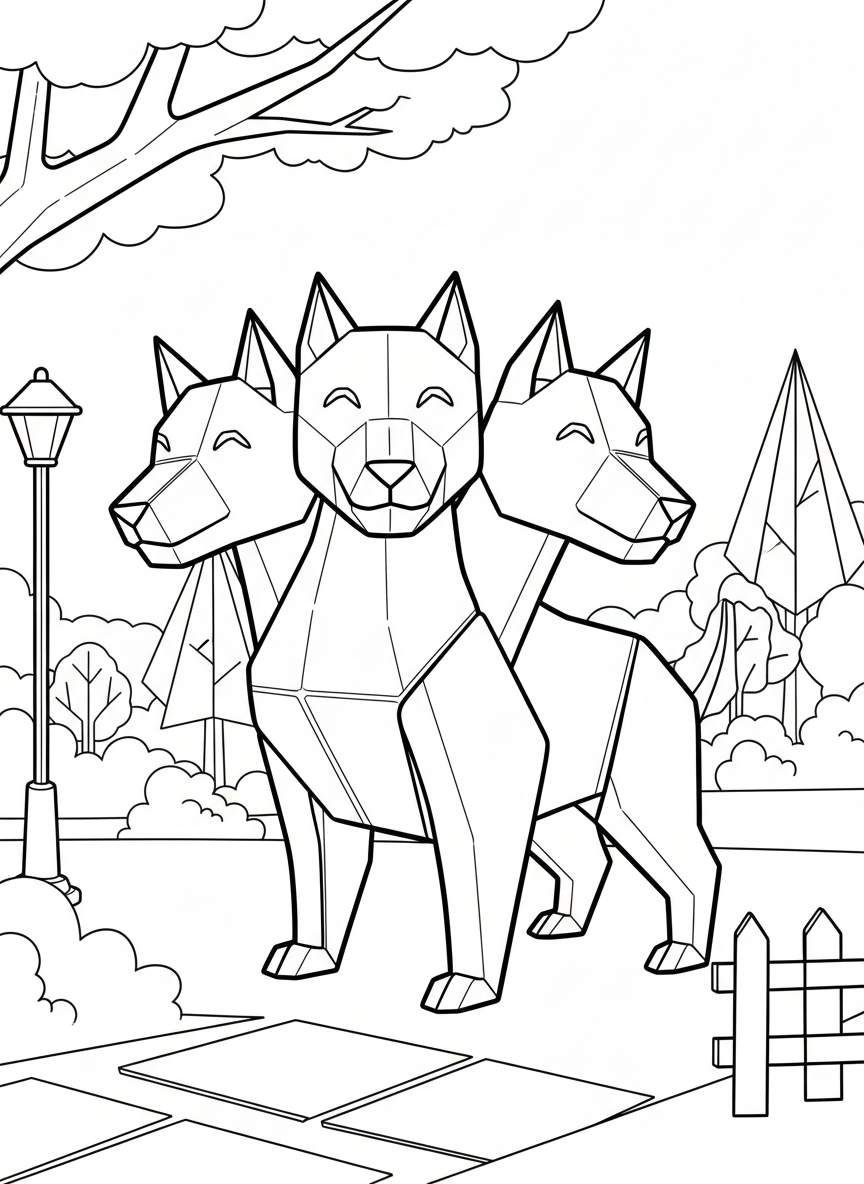 An origami cerberus with three geometric dog heads on paper-fold necks sharing one body, friendly expression, line art style