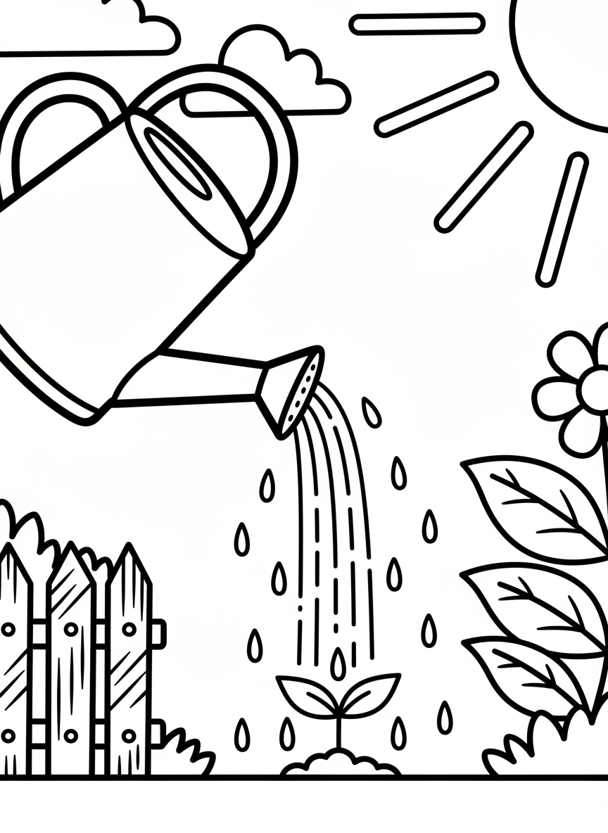 A watering can pouring water onto a small sprout emerging from the ground, with raindrops and sunshine above.