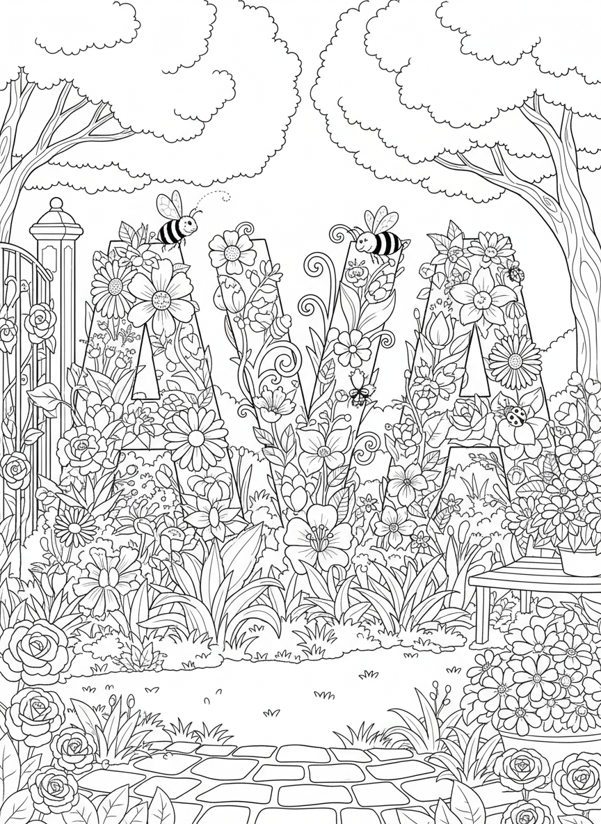 The name AVA written in letters made of flowers and garden elements like bees and ladybugs, line art coloring page