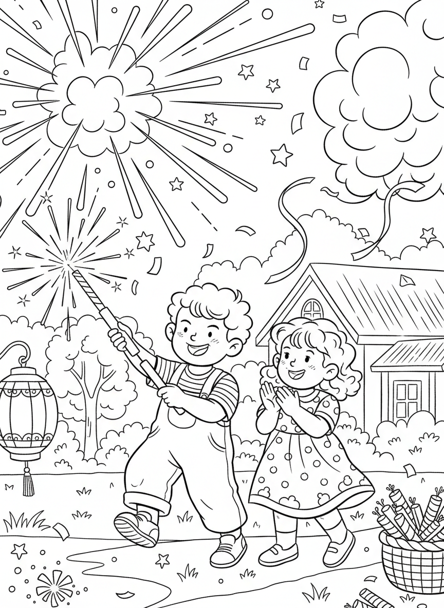 Two children lighting firecrackers with sparkles and celebration ribbons around them, joyful action scene