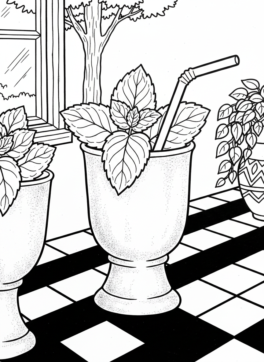 A mint julep drink in a frosted silver cup with fresh mint leaves and a straw, sitting on a checkered tablecloth.