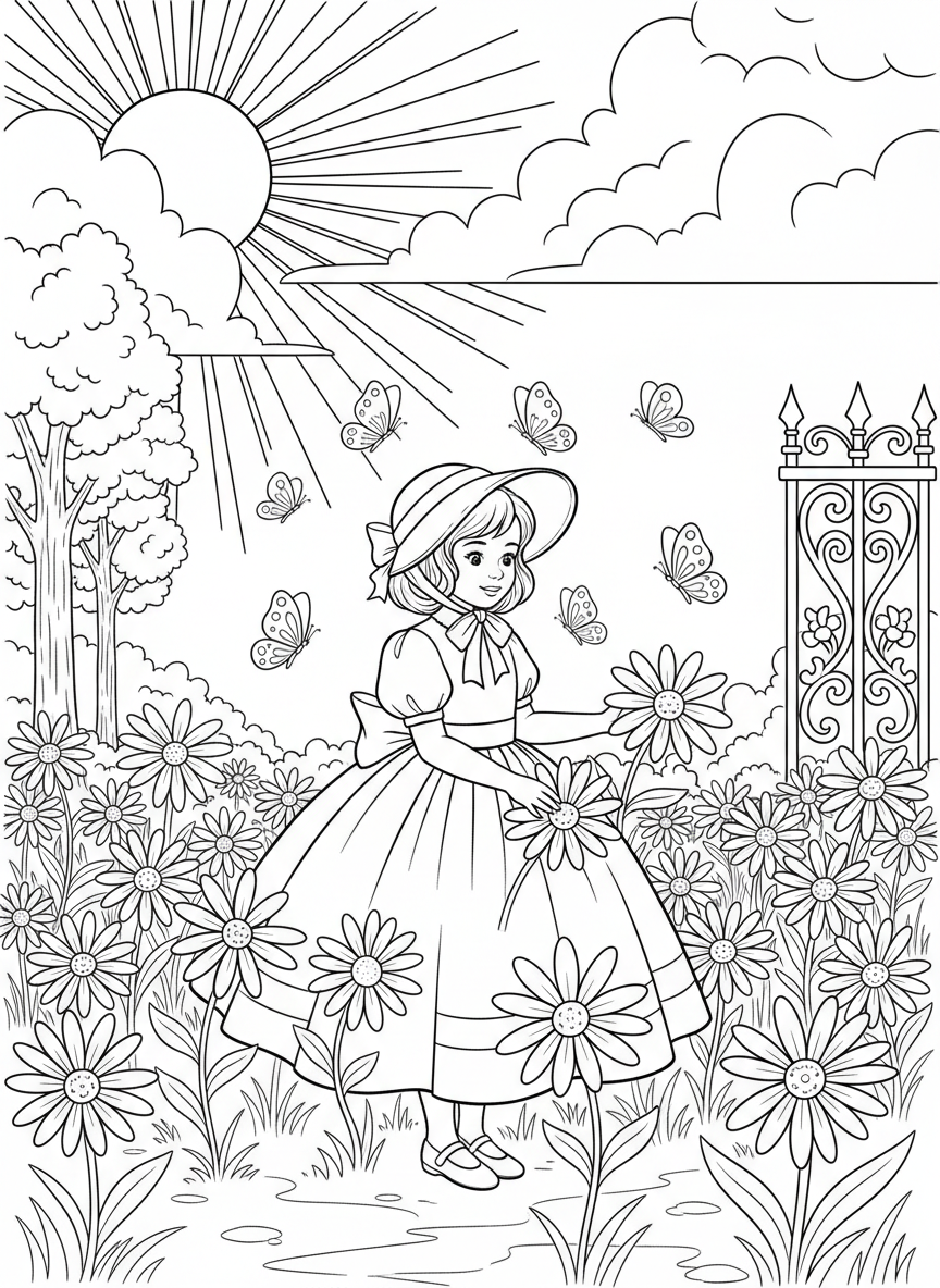 A young girl in an Easter dress and bonnet picking fresh flowers in a meadow filled with daisies and butterflies on a bright morning.