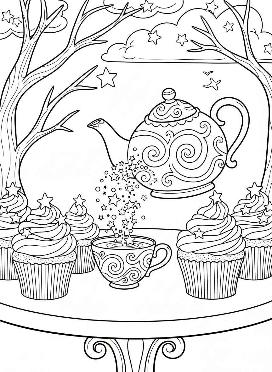 A magical tea party with a teapot pouring sparkles instead of tea, surrounded by cupcakes with swirled frosting and star decorations.