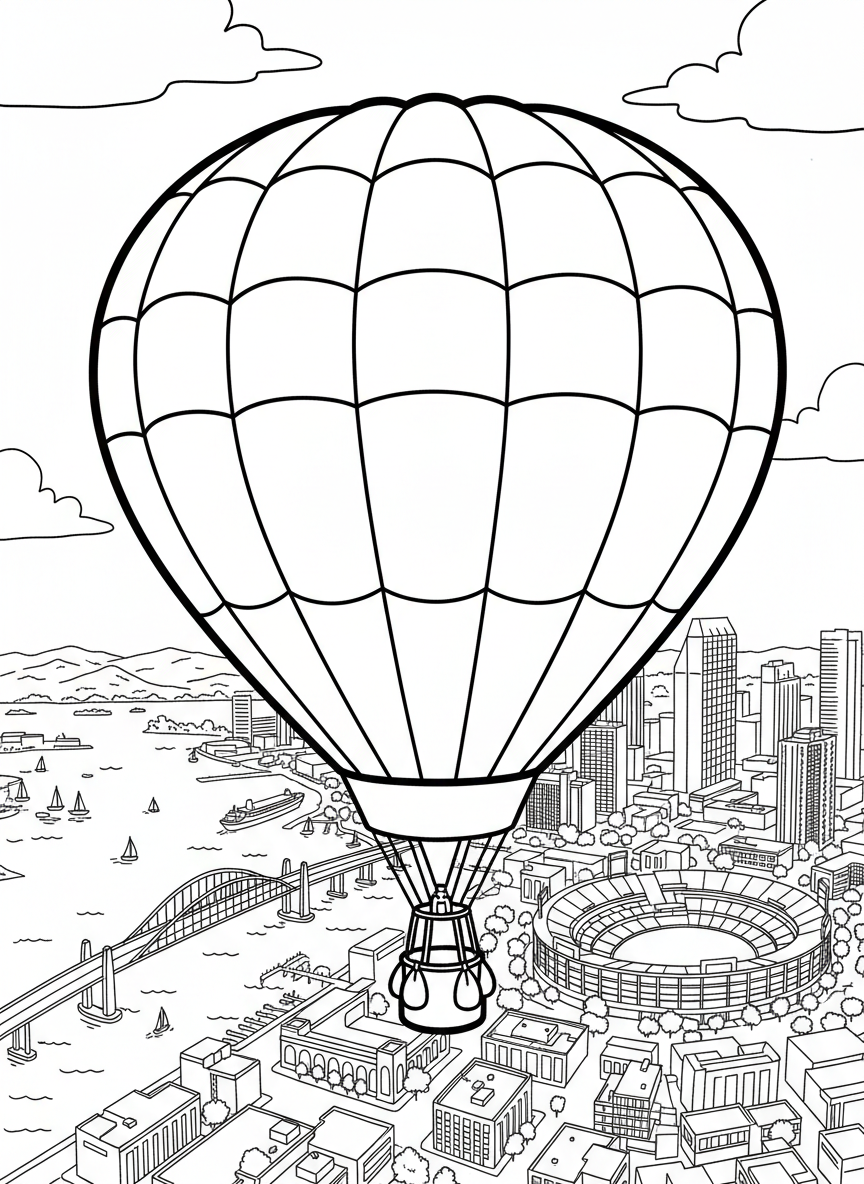 A colorful hot air balloon floating over San Diego with the city skyline and bay visible below, bird's eye view