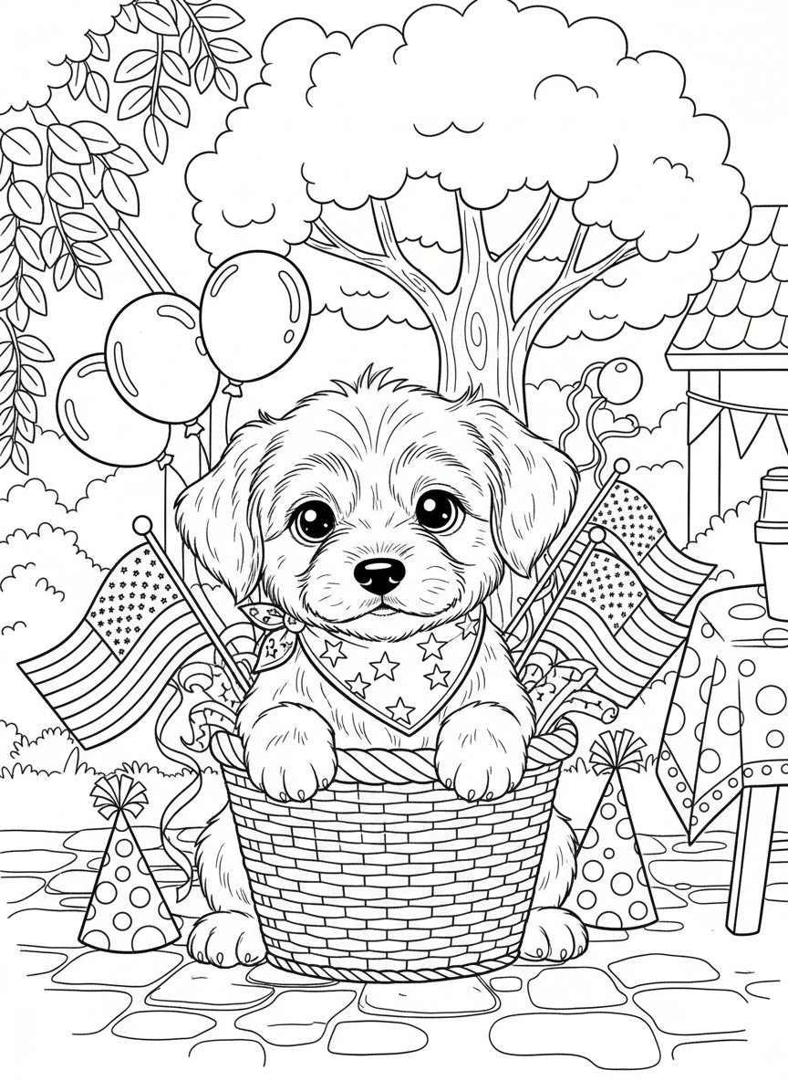 Cute puppy wearing a bandana with stars, sitting next to a basket full of American flags and party decorations