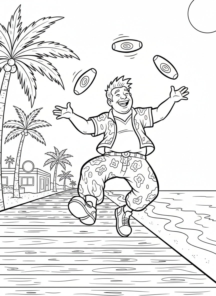 A street performer juggling on the Venice Beach boardwalk with palm trees and beach in background