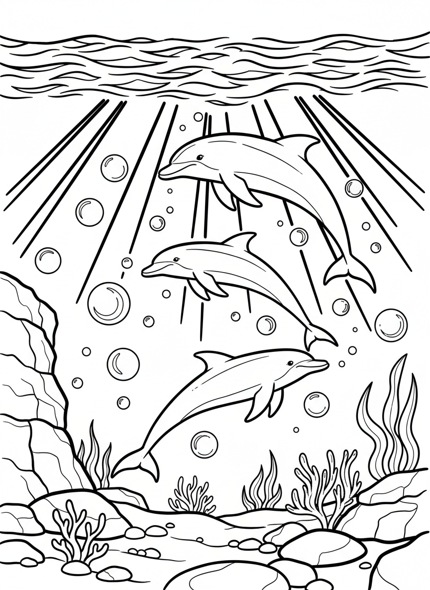 Dolphins swimming and leaping together, surrounded by bubbles and light rays shining through the ocean surface.