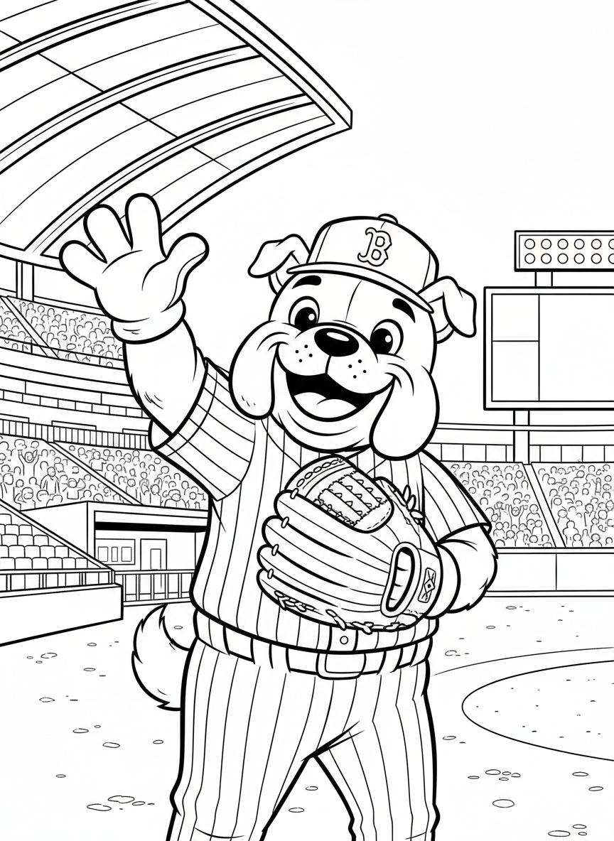 A friendly baseball mascot character wearing a team jersey and cap, waving to fans with an oversized baseball glove.