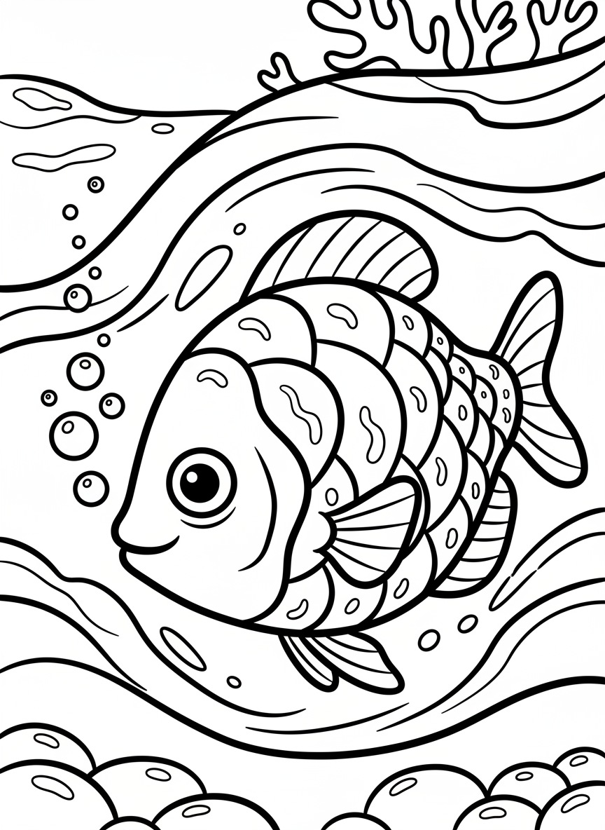 A rainbow fish with shimmering scale patterns swimming in open water with simple bubble trail behind, easy to color