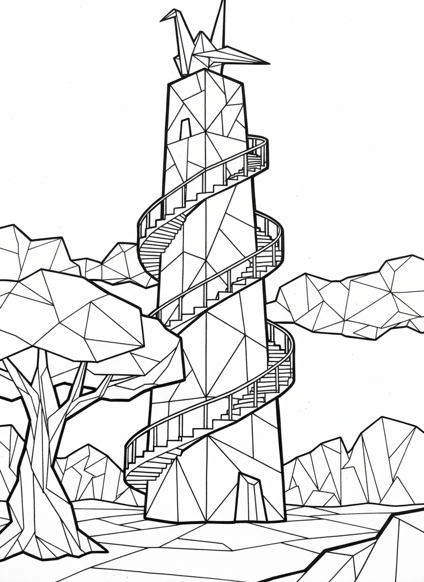 A tall origami tower with spiral stairs wrapping around the outside, geometric paper-fold patterns visible on each level, standing alone against a simple background.