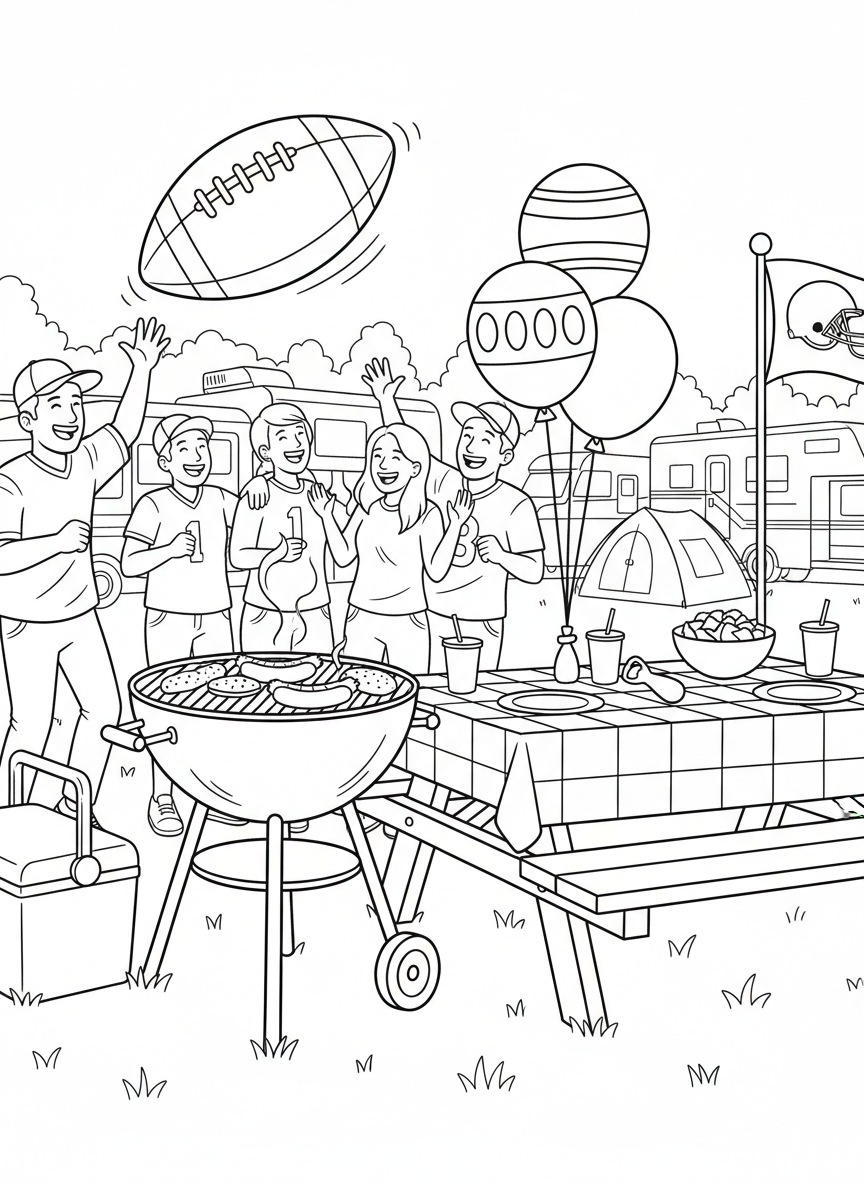 A cheerful tailgate party scene with a grill, picnic table, football decorations, and balloons, perfect for coloring before the big game.