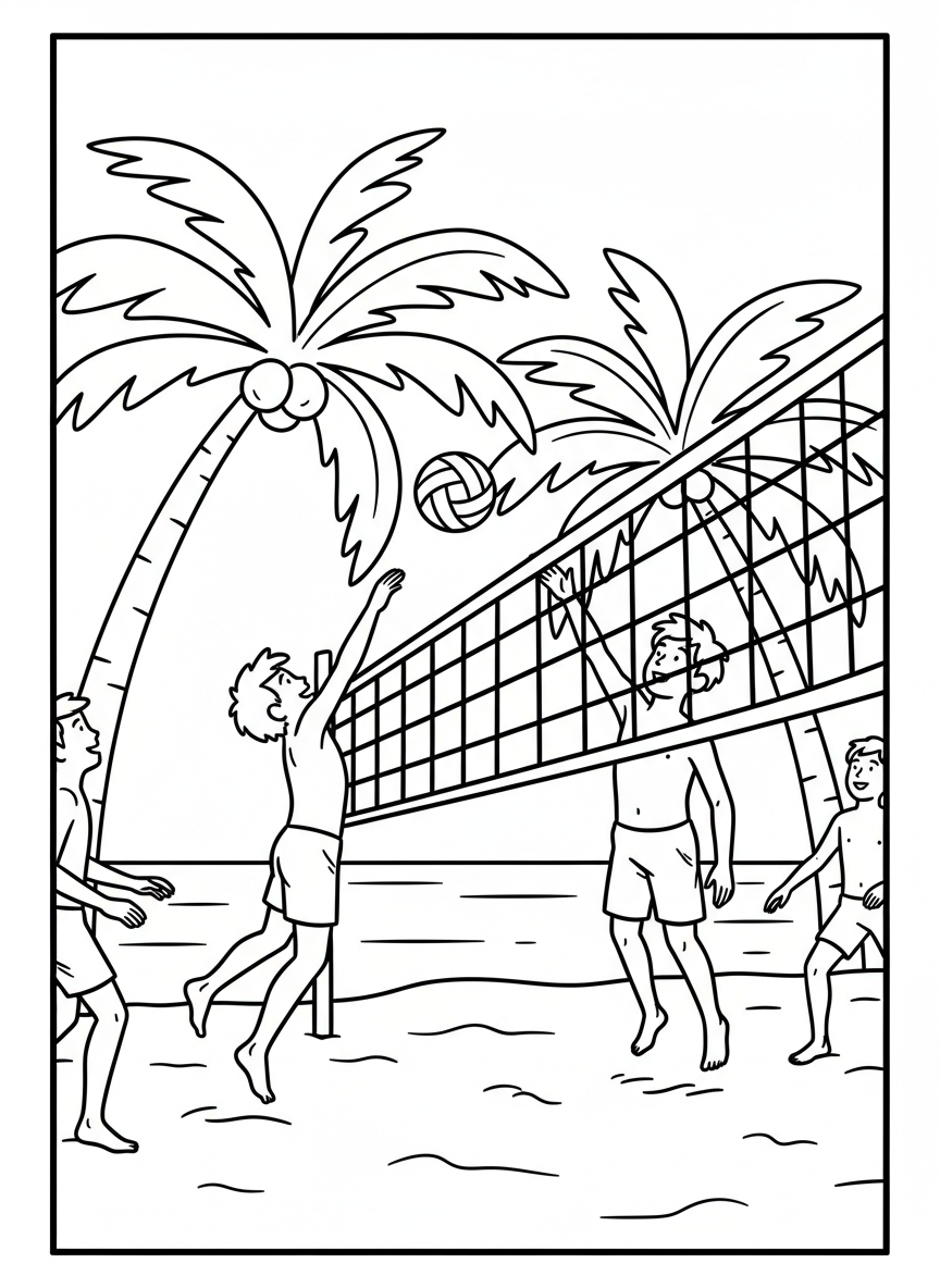 Kids playing beach volleyball with a net, ball in mid-air, and palm trees framing the scene