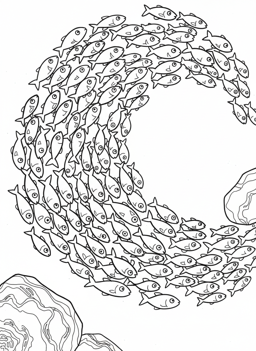 A school of small fish swimming together in the same direction, creating a flowing pattern