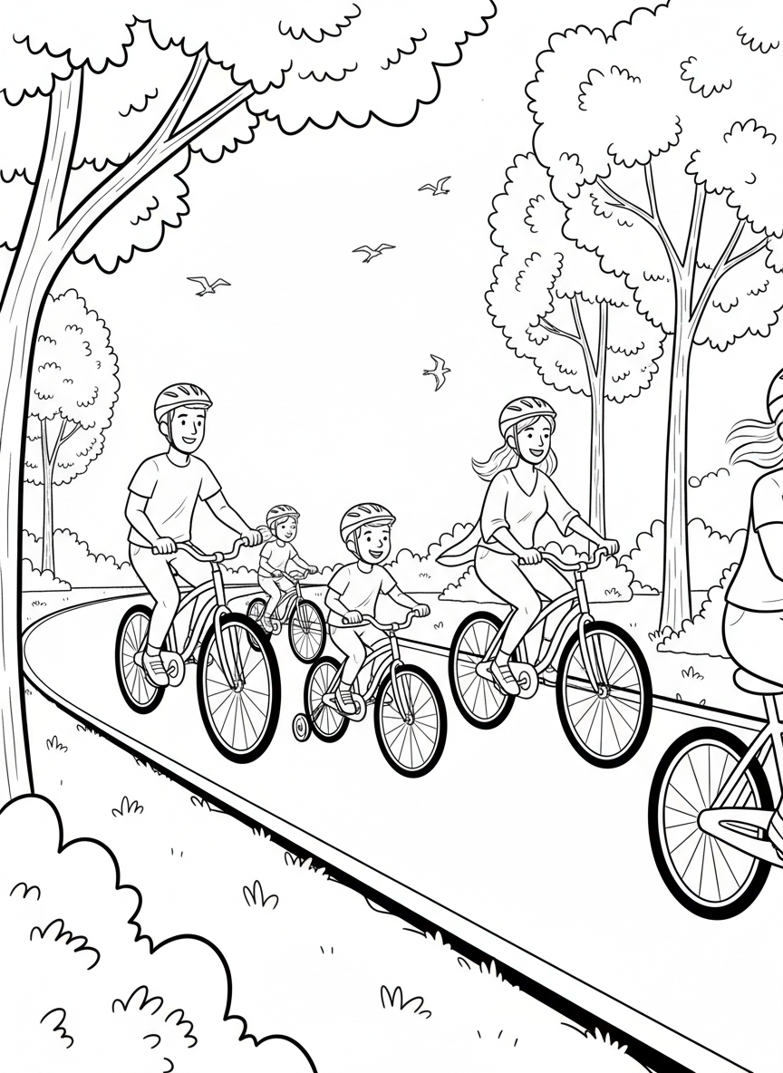 Families riding bicycles together on a paved trail through a green park with trees, bushes, and birds flying overhead.