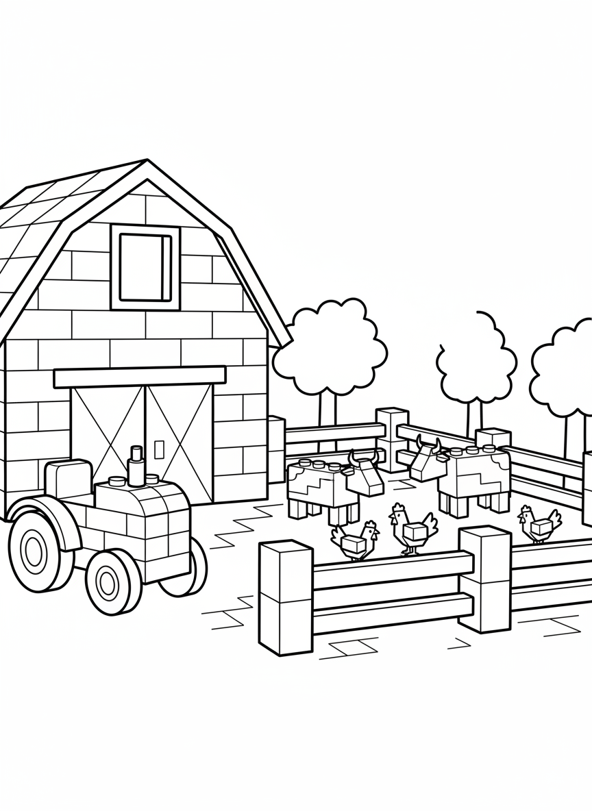 A toy brick farm scene with a barn, tractor, and brick animals like cows and chickens in a fenced yard.