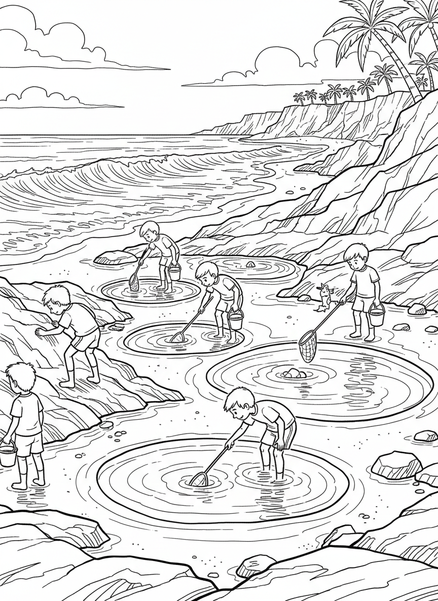 Wide beach scene showing multiple kids with buckets and nets exploring different tide pools among the rocks