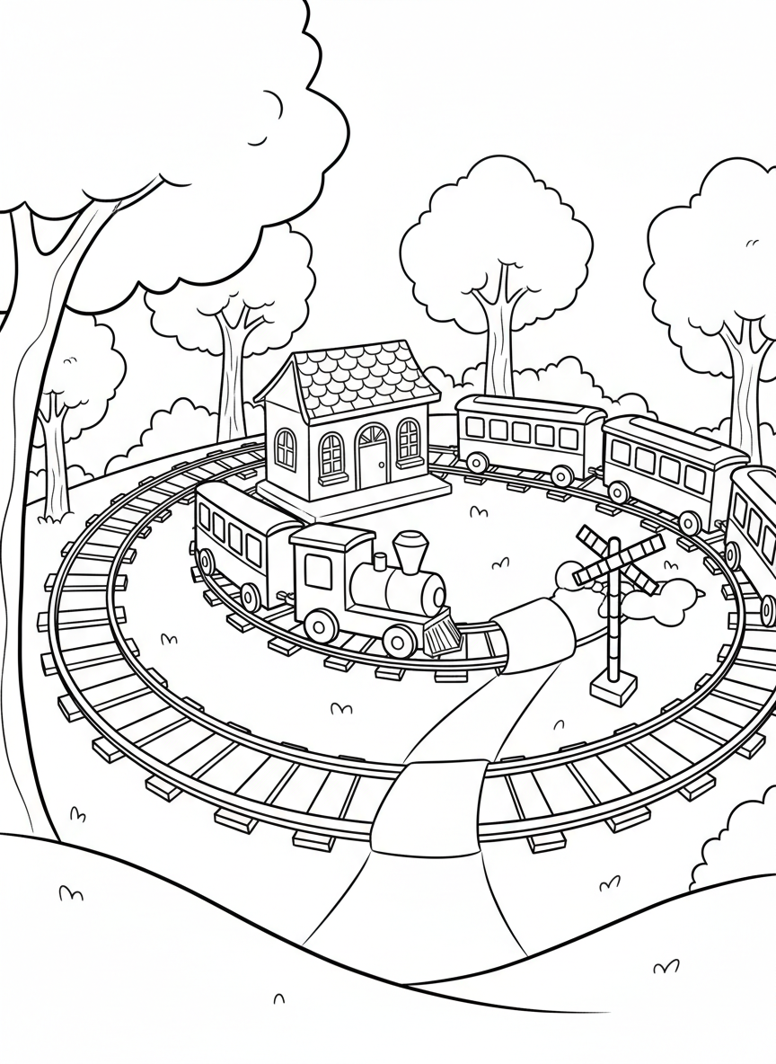 A small toy train set on circular tracks with a tiny station, trees, and a crossing gate, perfect for young children to color.