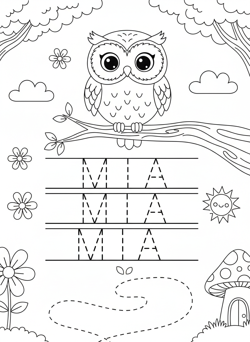 A cute owl perched on a branch above three tracing rows with dashed letters spelling 'MIA', kid-friendly line art