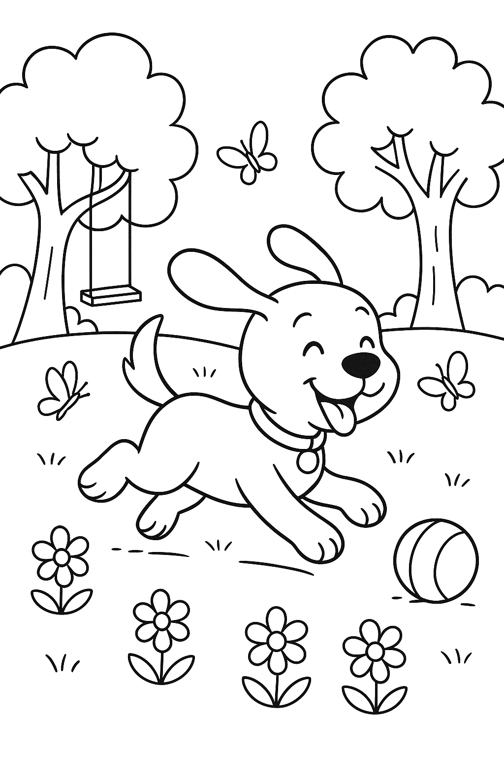 A happy puppy running through a park with a wagging tail, floppy ears flying, butterflies around, a ball rolling nearby, trees with hanging swings, flowers blooming, and a joyful cartoon style made for kids.