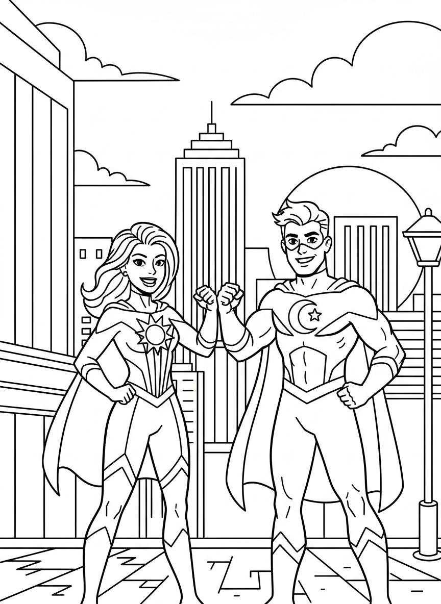 A superhero duo doing a fist bump, both smiling, wearing complementary costumes with sun and moon symbols
