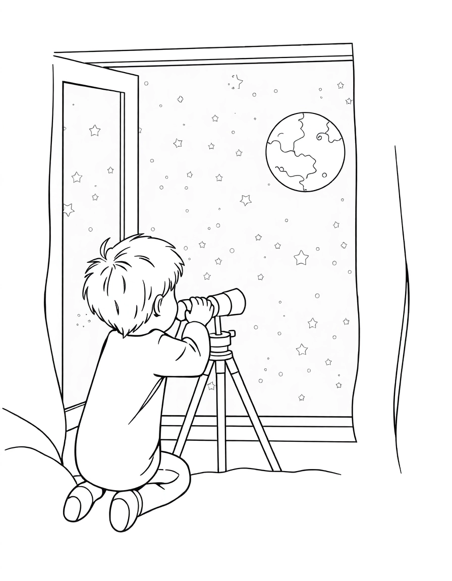 A young child looking through a telescope at the moon and stars from their bedroom window, a blanket of stars visible outside.