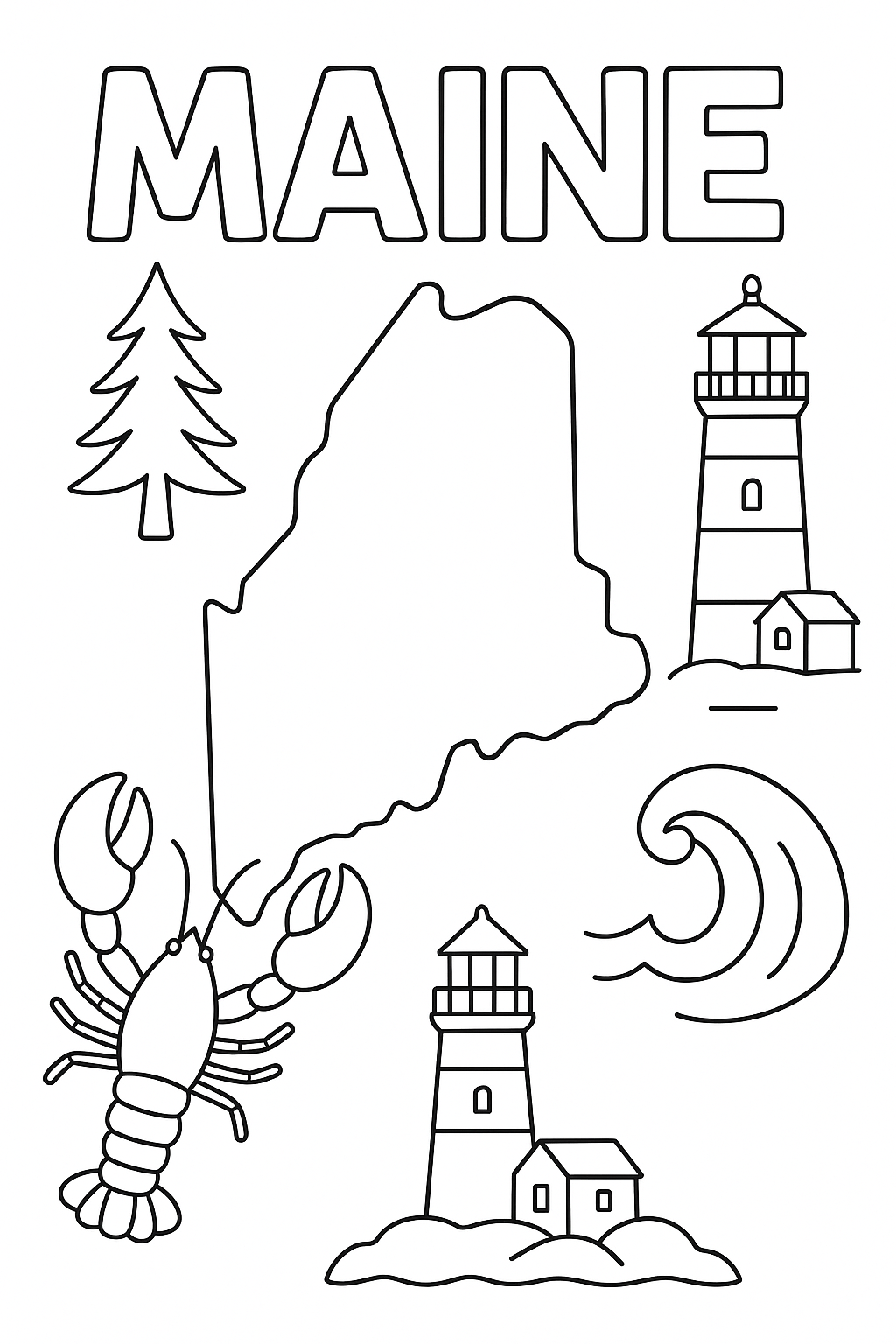 Write “Maine” once at the top in outlined letters. Create a bold, centered outline of the state. Add one lobster, one lighthouse, one pine tree, and one wave in corners.