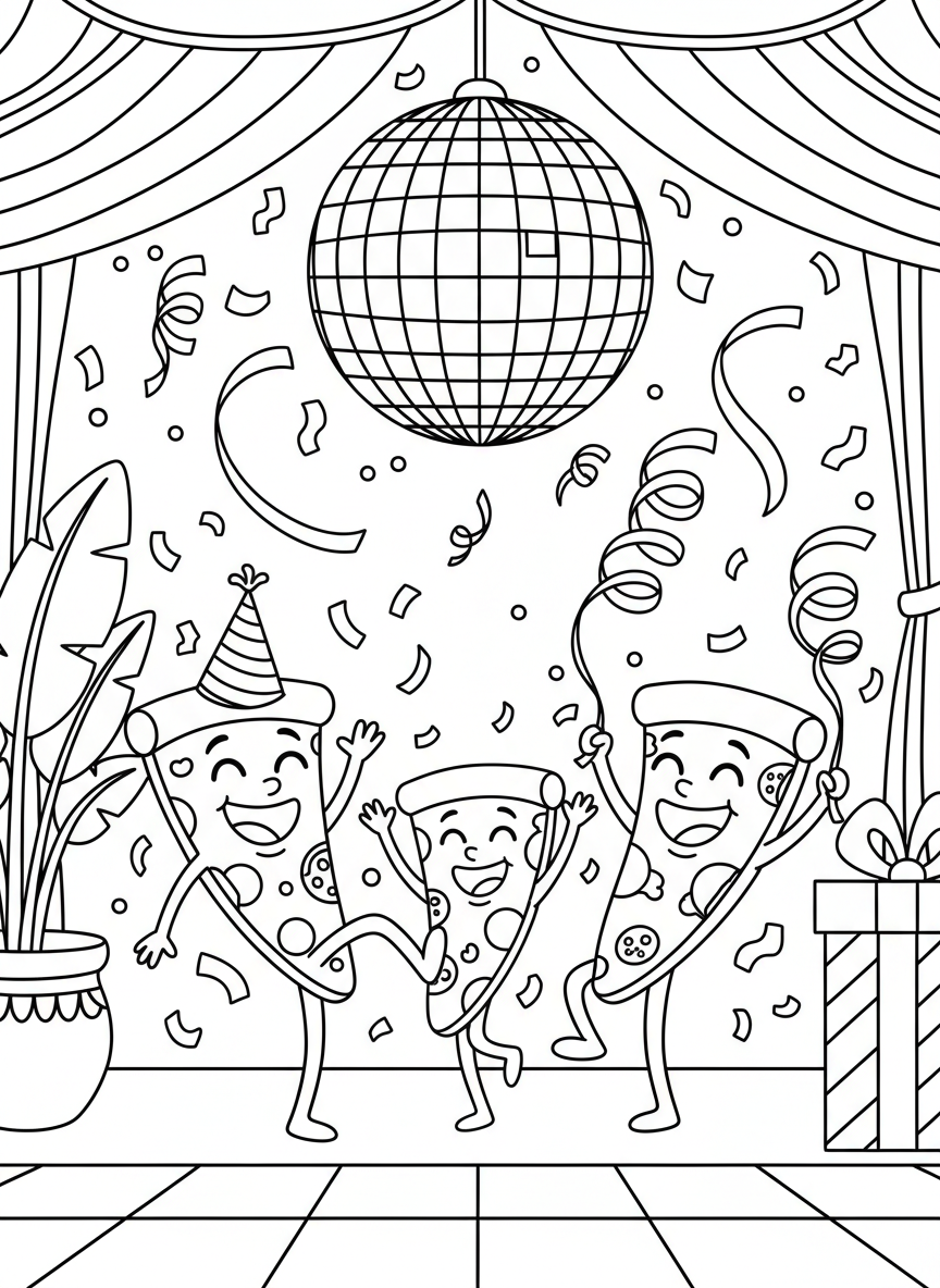 Three happy cartoon pizza slices dancing together at a party with confetti and streamers in the background