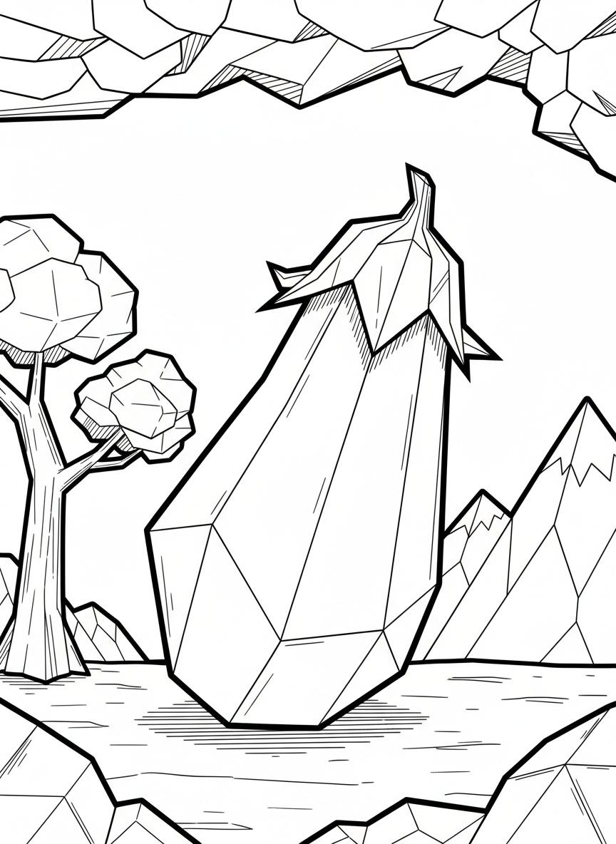 An origami eggplant with elongated paper folds, angular purple vegetable shape, and star-shaped paper leaves at top