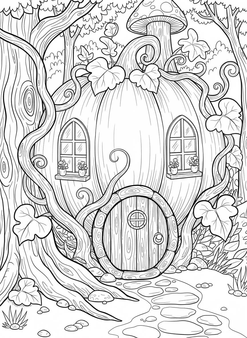 A simple fairy house shaped like a pumpkin with a wooden door, two windows, and vines growing around the entrance.