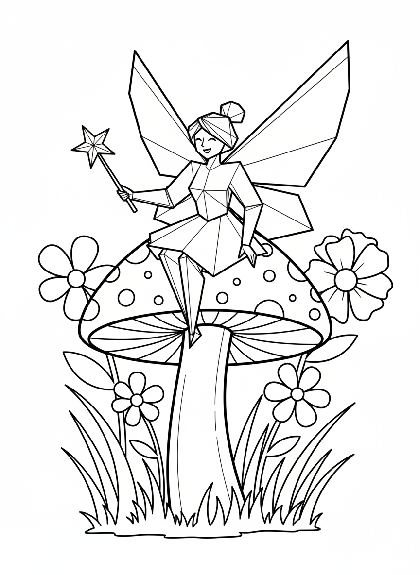 A cheerful origami fairy with geometric folded wings sitting on a mushroom, holding a star-tipped wand, surrounded by simple flowers and grass