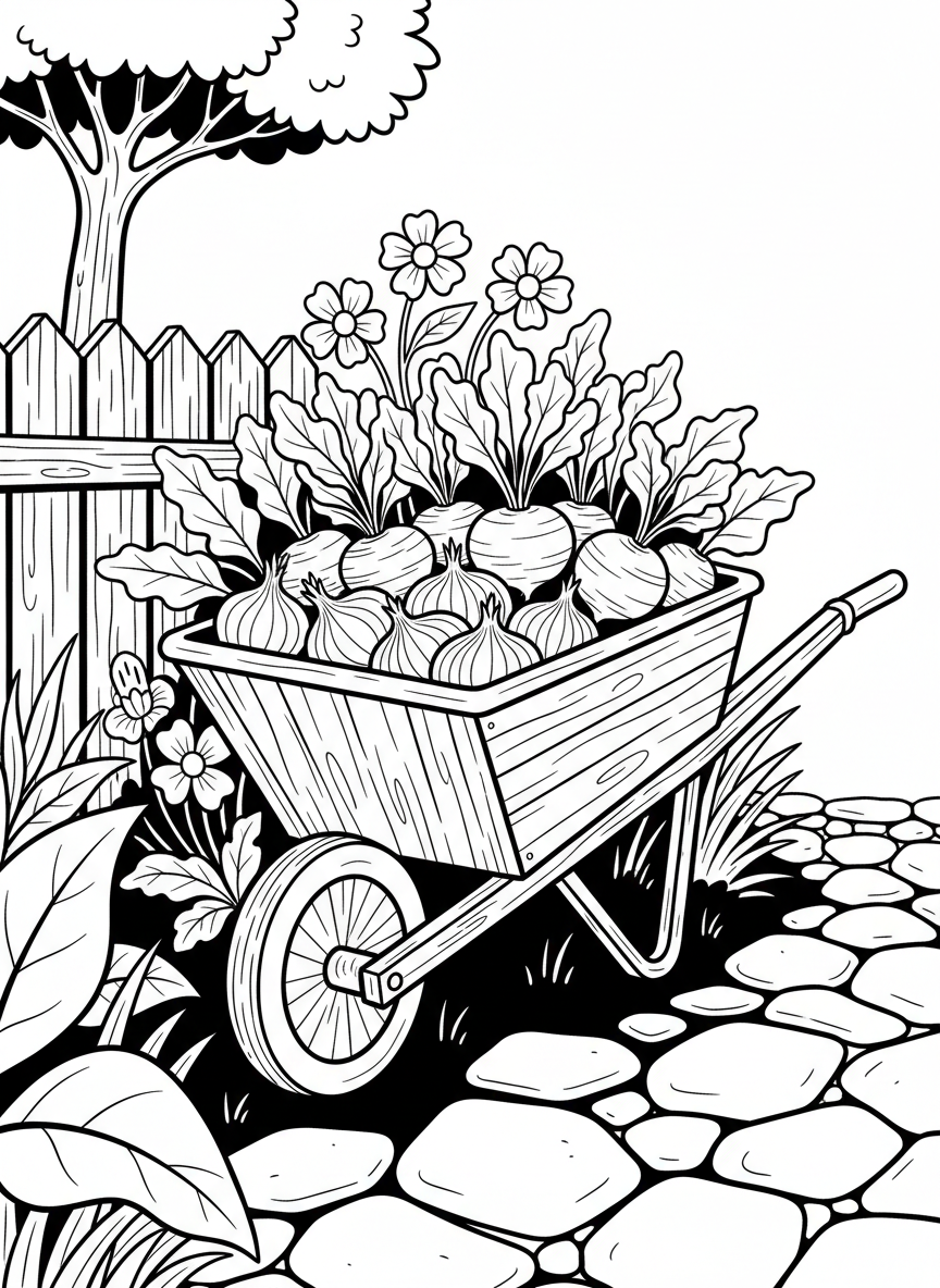 A wheelbarrow filled with freshly harvested vegetables including onions, beets, and turnips, outdoor garden setting