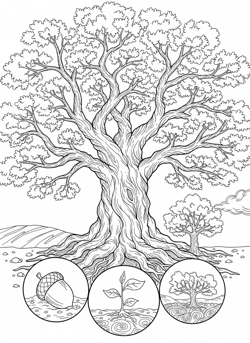 A large oak tree with spreading branches and visible roots, showing the tree's life cycle from acorn to mature tree in circular stages.