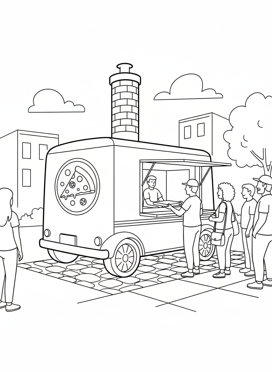 A pizza food truck with a brick oven chimney, pizza slice logo on the side, and customers lined up at the window