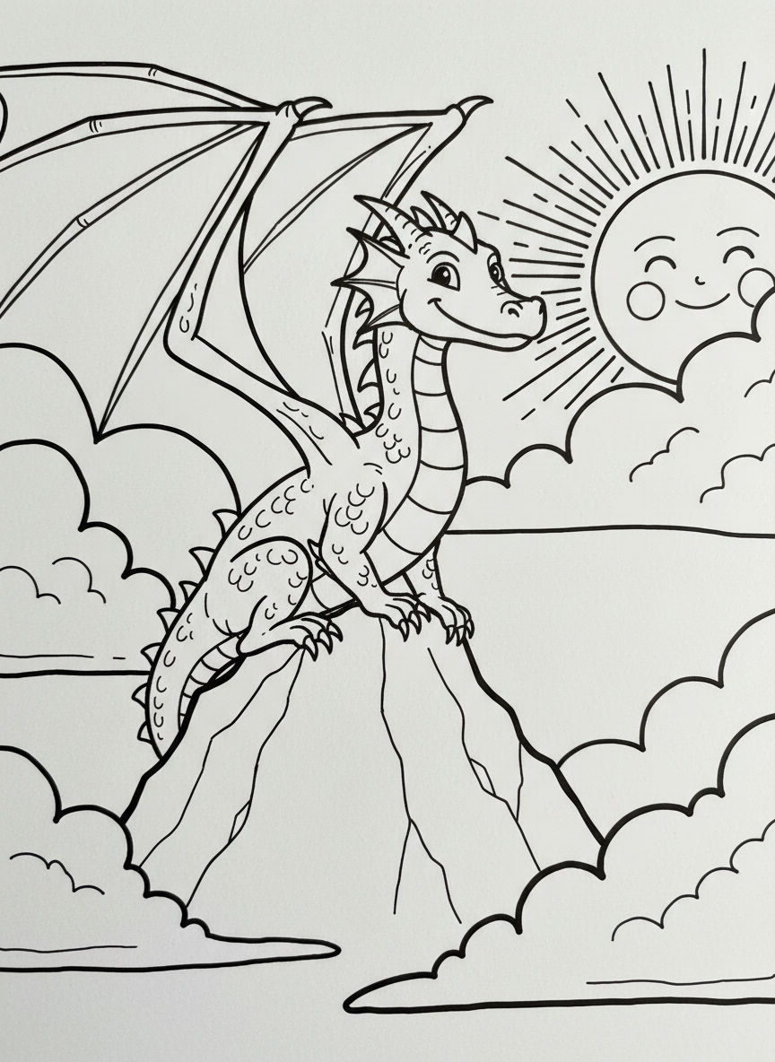 A friendly dragon with large wings perched on a mountain peak, surrounded by fluffy clouds and a smiling sun in the background.