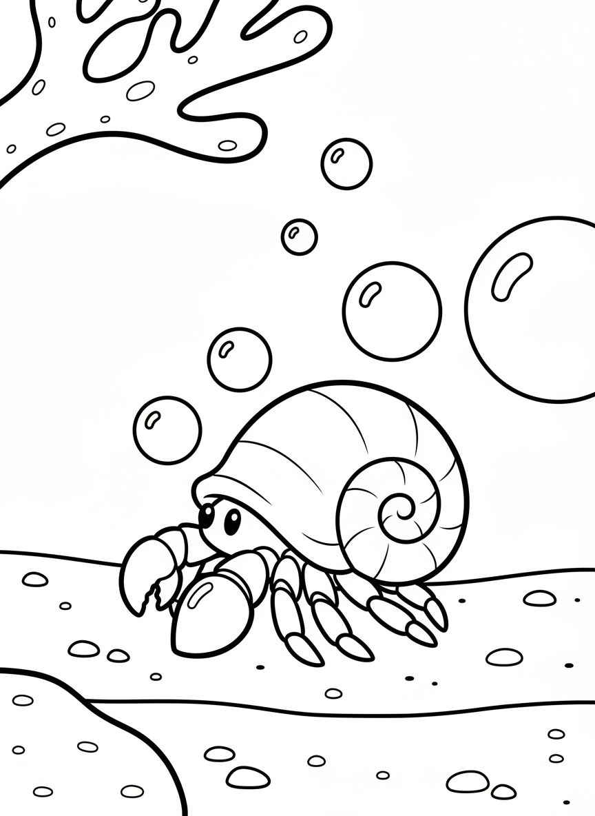 Simple hermit crab with a smooth spiral shell, perfect for young children, crawling on sand with a few bubbles floating nearby.