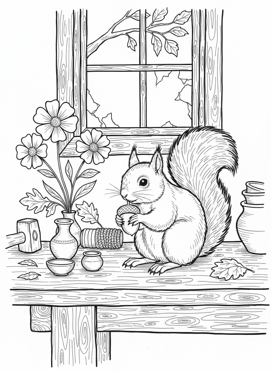 A squirrel holding an acorn next to miniature pottery pieces on a barn workbench, cute close-up view
