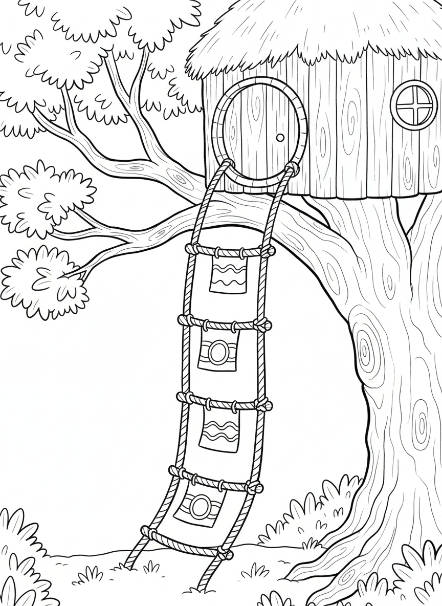 A rope ladder with colorful flags tied along its length, hanging from a treehouse entrance.