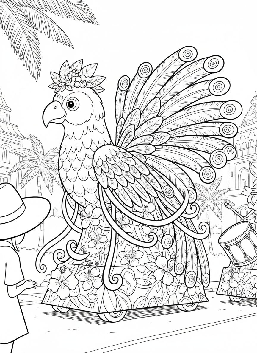 A festive parade float shaped like a giant tropical bird with elaborate tail feathers, flowers, and decorative ribbons flowing down the sides.