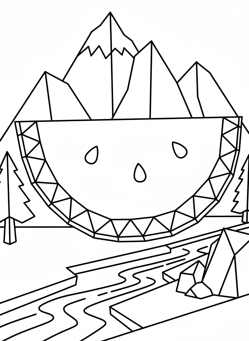 A large origami watermelon slice with angular paper fold lines, triangular seeds, and a geometric rind pattern, easy to color