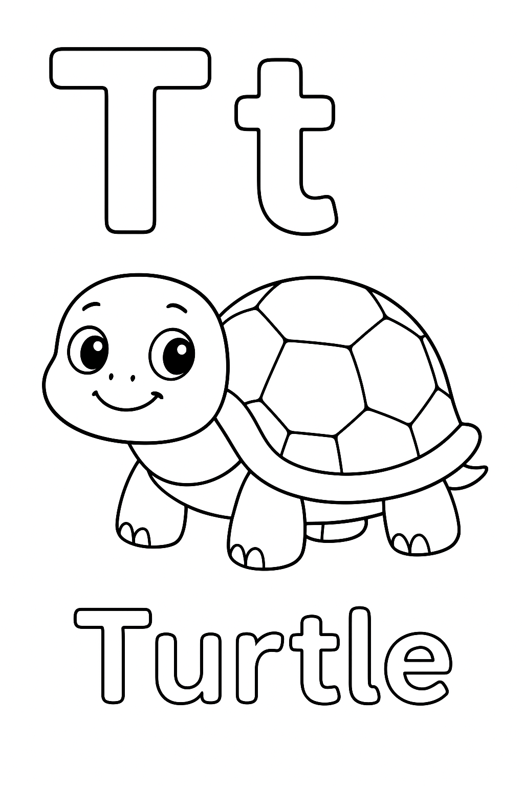 The uppercase letter “T” next to the lowercase letter “t”. With a turtle image under the letters. Write out the object “Turtle”.