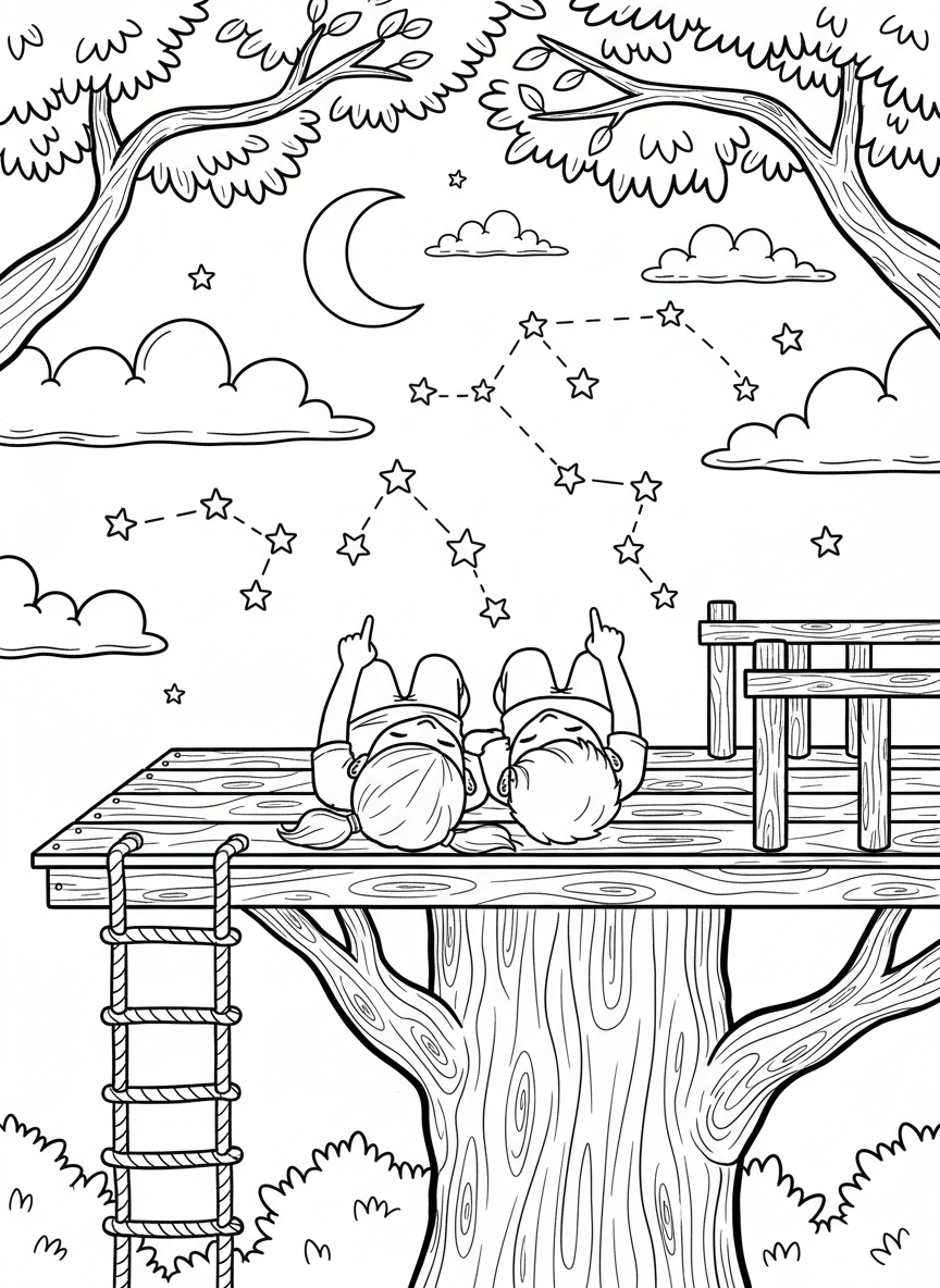 Two children lying on their backs on a treehouse platform, pointing up at constellation patterns in the night sky.