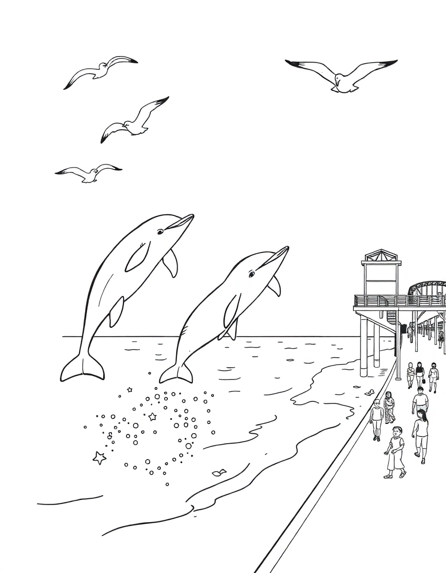 Three dolphins leap joyfully near the Ocean Beach Pier with sunlight sparkling on the water. Pelicans fly overhead and beachgoers watch from the boardwalk.