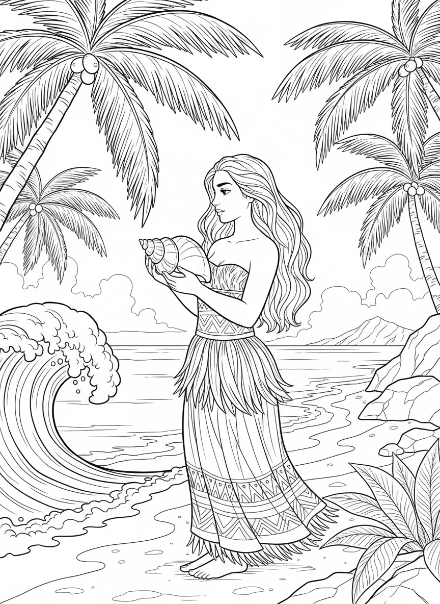 A Polynesian princess with long wavy hair standing on a beach with palm trees, holding a seashell and looking at the ocean