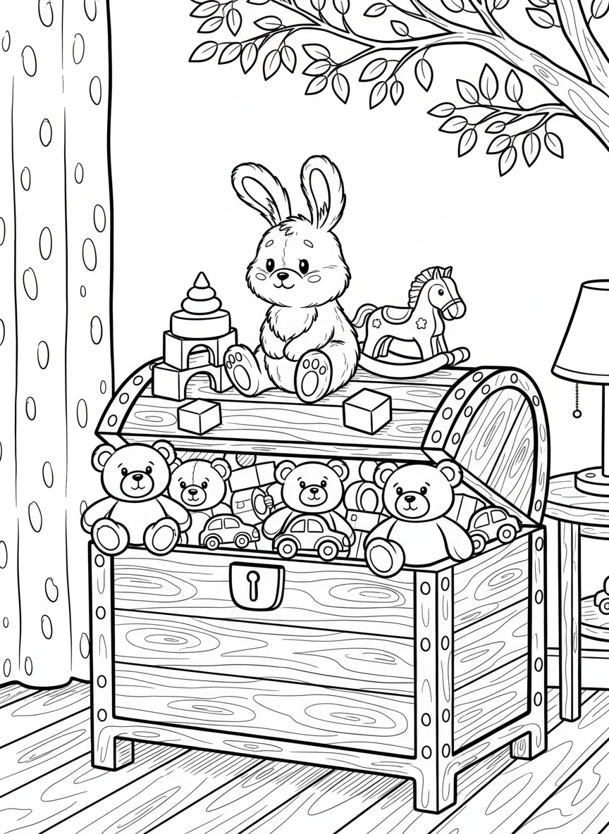 A charming wooden toy chest overflowing with teddy bears, blocks, and toys, with a cute bunny sitting on top