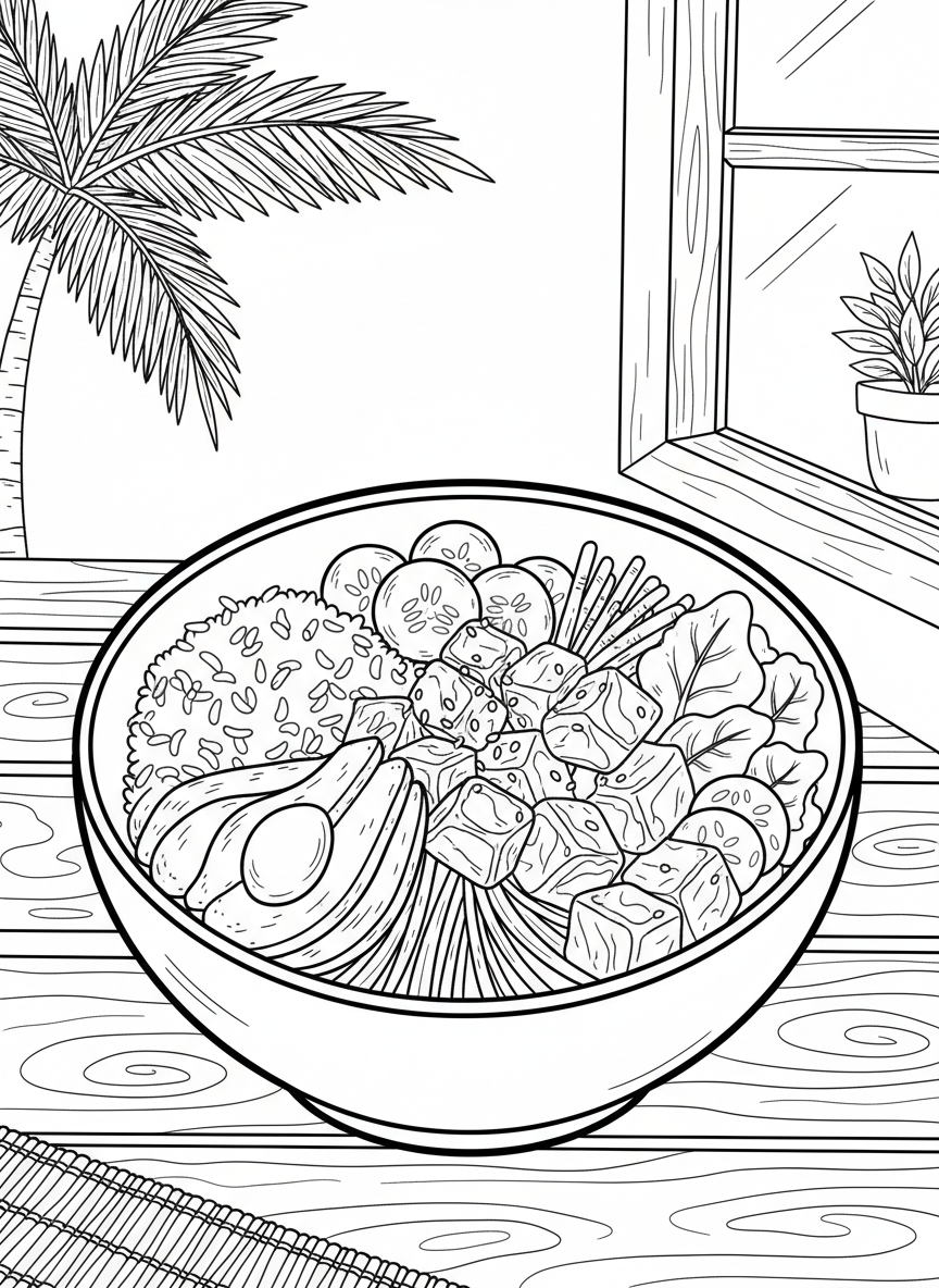 A bowl of poke with rice, fish, avocado, and vegetables arranged in colorful sections