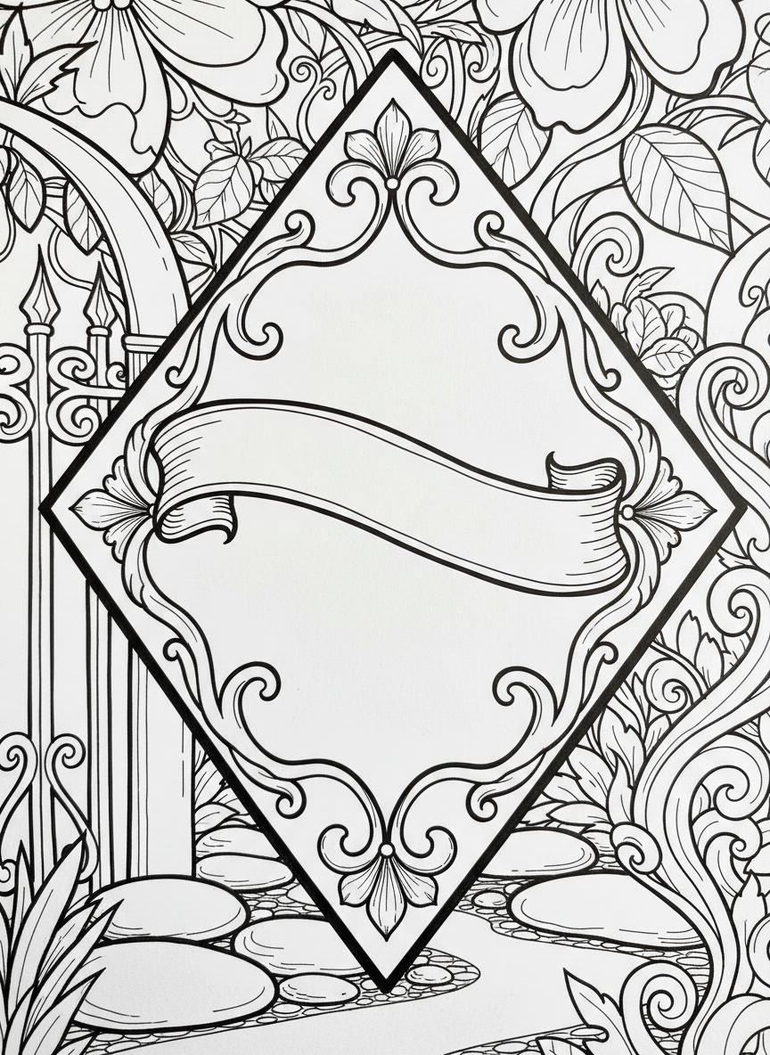 A diamond-shaped gift tag with elegant corner flourishes and a decorative banner ribbon across the middle for writing